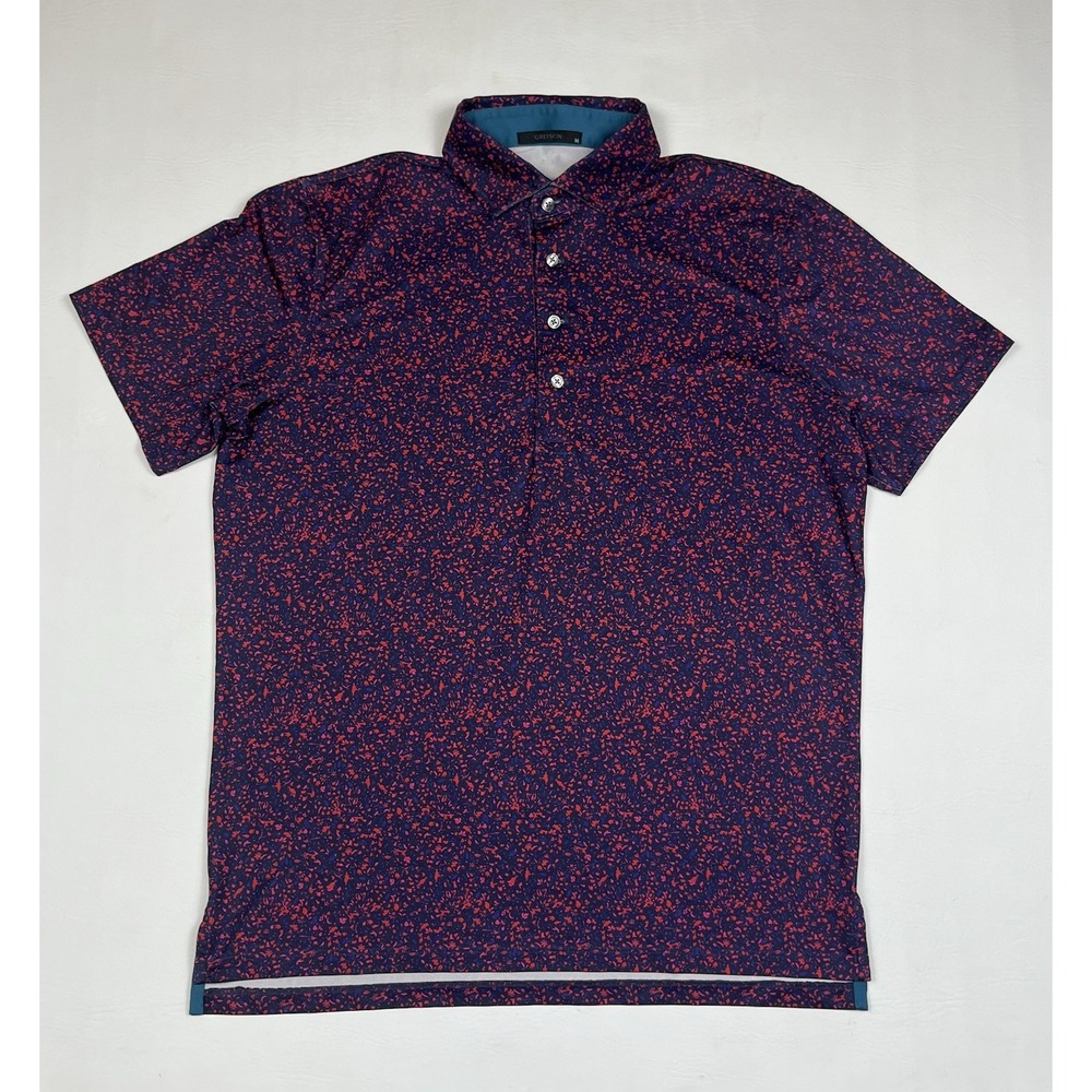 Greyson Performance Polo Shirt Mens Medium Red Blue Abstract Print Golf Stretch